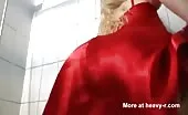 Blonde milf lifts dress to poop