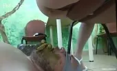 Two girls shitting on male slave