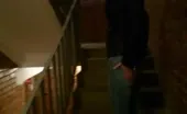 Shitting in tight blue jeans