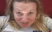 Blonde babe talking dirty while pooping