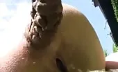 Shaved teen shitting