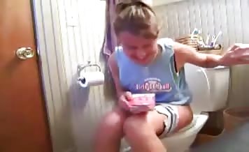 Blonde girl is constipated
