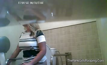 Two girls pooping in public bathroom